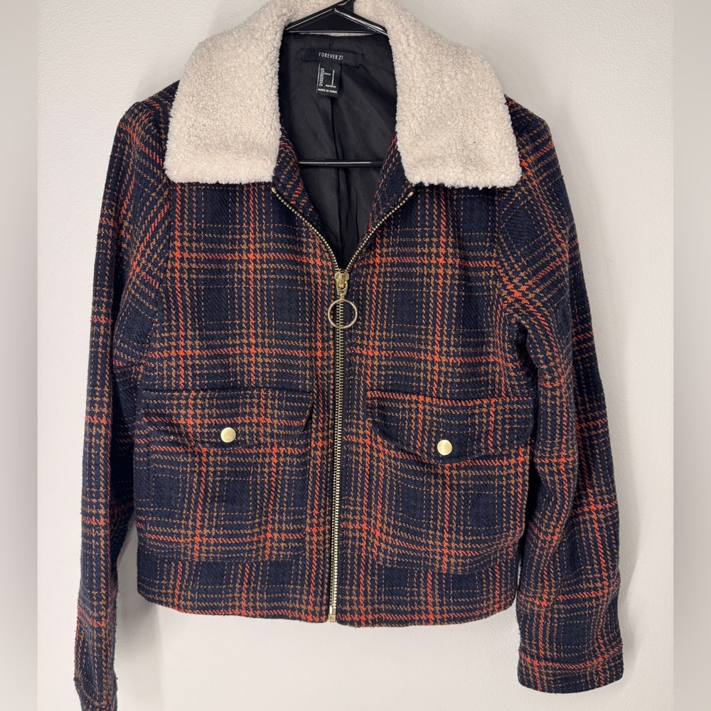 Forever 21 Black and Red Plaid Bomber Jacket with Sherpa Collar